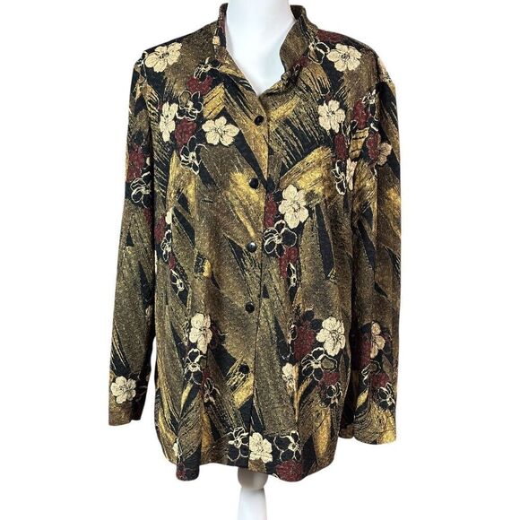 Vintage Floral One Piece Tank Jacket Plus Size 20W Green Black Floral Buttons - Picture 6 of 10